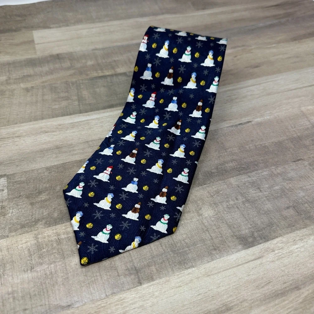 Alfanso‎ Laporta Men's Snowman Tie 100% Silk Navy Christmas Holiday 60in